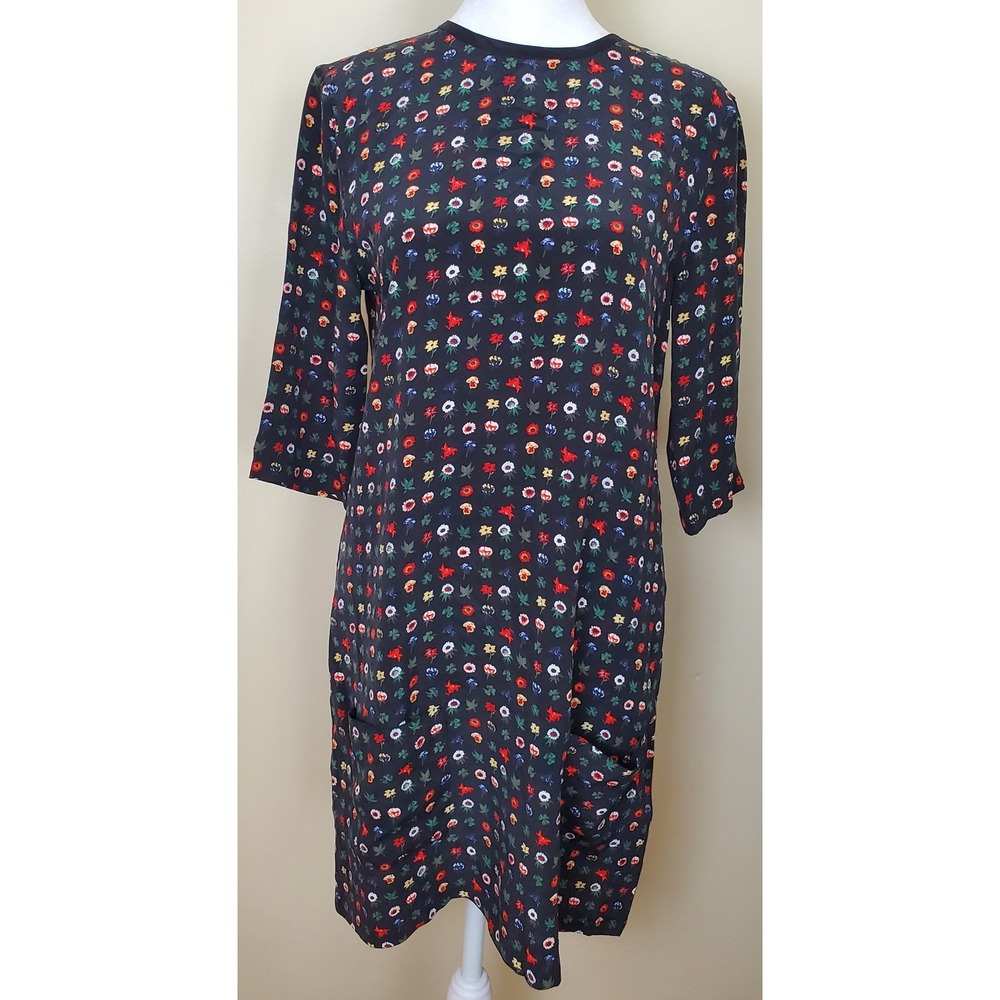 Equipment Femme Aubrey Black Silk Floral Shift Dress XS Mod Dainty Youthful‎